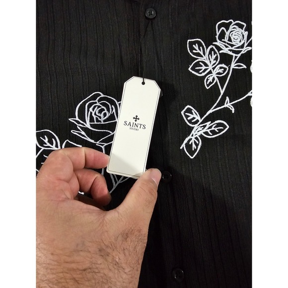 Saints Studio Mens Black Textured Rose Embroidered Button Down Shirt Size M - Picture 11 of 14